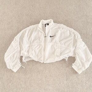 Nike Sportswear Womens Cropped Windbreaker Small White Grid Full Zip Big Swoosh